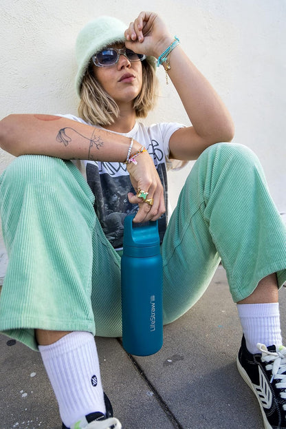 LifeStraw Go Series — Insulated Stainless Steel Water Filter Bottle for Travel and Everyday Use Removes Bacteria, Parasites and Microplastics, Improves Taste, 1L Aegan Sea