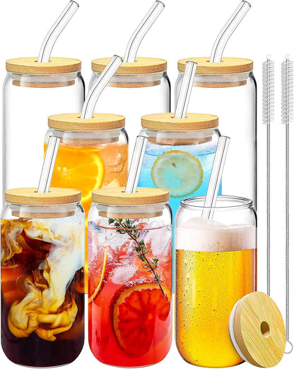 WISIMMALL Drinking Glasses with Bamboo Lids and Glass Straw 2PCS Set, 16oz Glass Cups with Lids and Straws, Beer, Iced Coffee Glasses, Soda, Gift 1 Cleaning Brushes