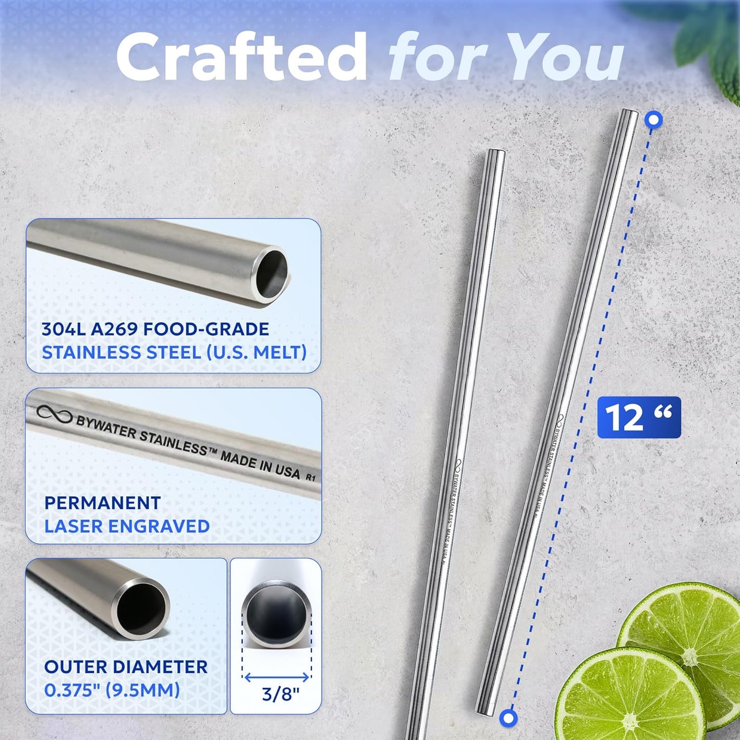 Made in USA Bywater Stainless Steel 10.5 Inch Straw Set of 2 Food Grade Premium Straws. Fits Stanley, Yeti Straw Lid, Owala and Many Others With Standard Straws. DOES NOT FIT FLIP STYLE LIDS