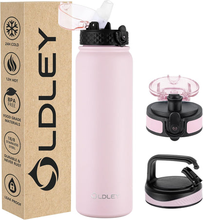 Oldley Insulated Water Bottle 20oz for Adults Kids Stainless Steel Water Bottles with Straw/Chug/Carabiner 3 Lids Fruit Strainer Double Wall Vacuum Wide Mouth BPA Free Leak-Proof for School Travel
