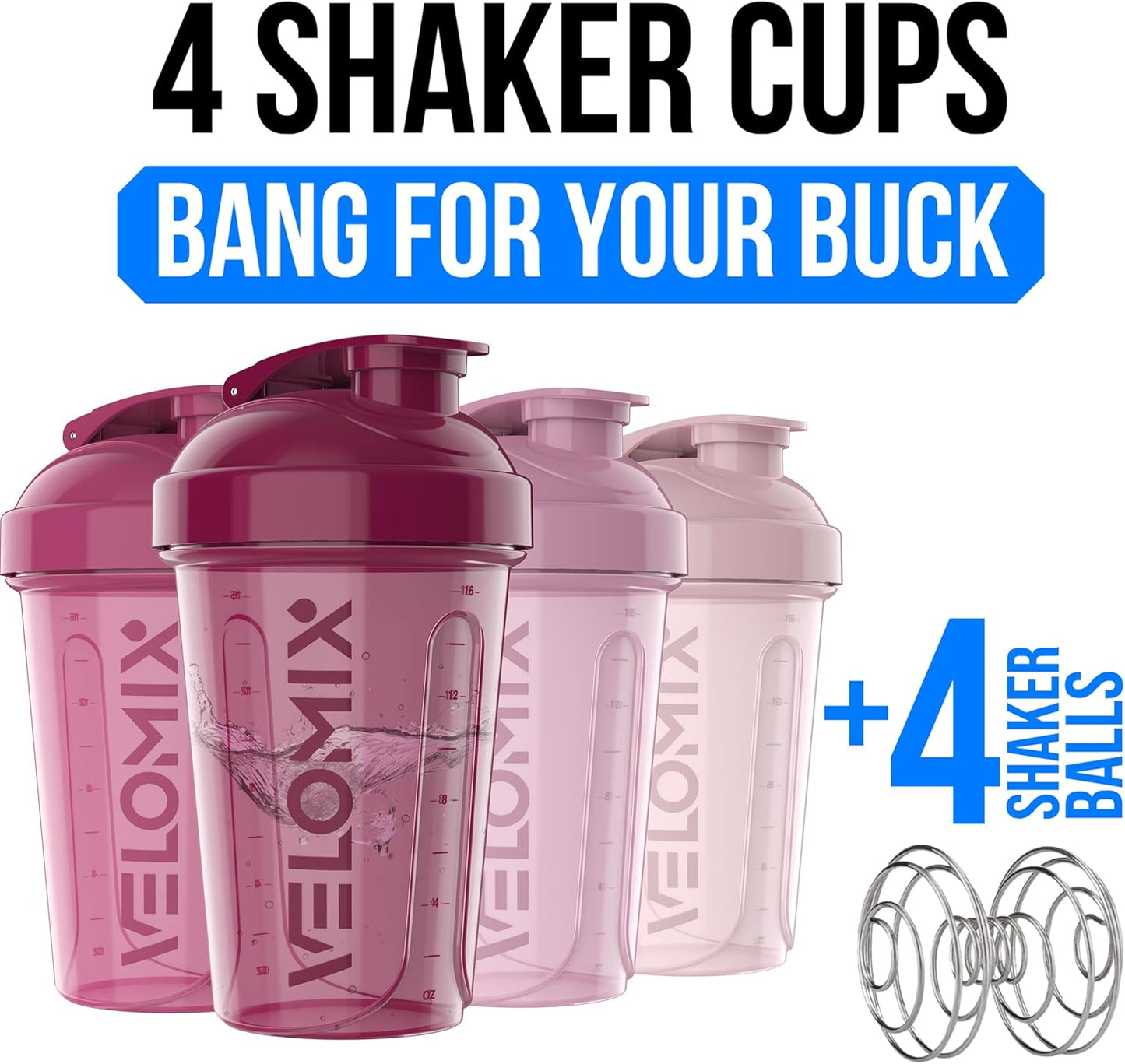 VELOMIX -4 PACK- 20 OZ Protein Shaker Bottle for Protein Mixes - 4x Wire Whisk | Leak Proof Shaker Cups for Protein Shakes | Stackable Protein Shaker Bottle Pack | Dishwasher Safe (Berry Blend)