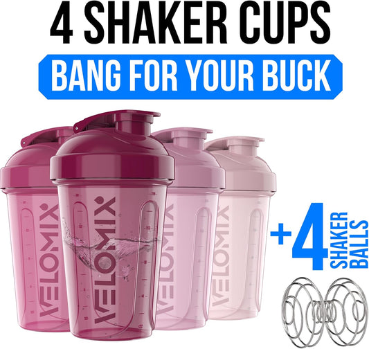 VELOMIX -4 PACK- 20 OZ Protein Shaker Bottle for Protein Mixes - 4x Wire Whisk | Leak Proof Shaker Cups for Protein Shakes | Stackable Protein Shaker Bottle Pack | Dishwasher Safe (Berry Blend)
