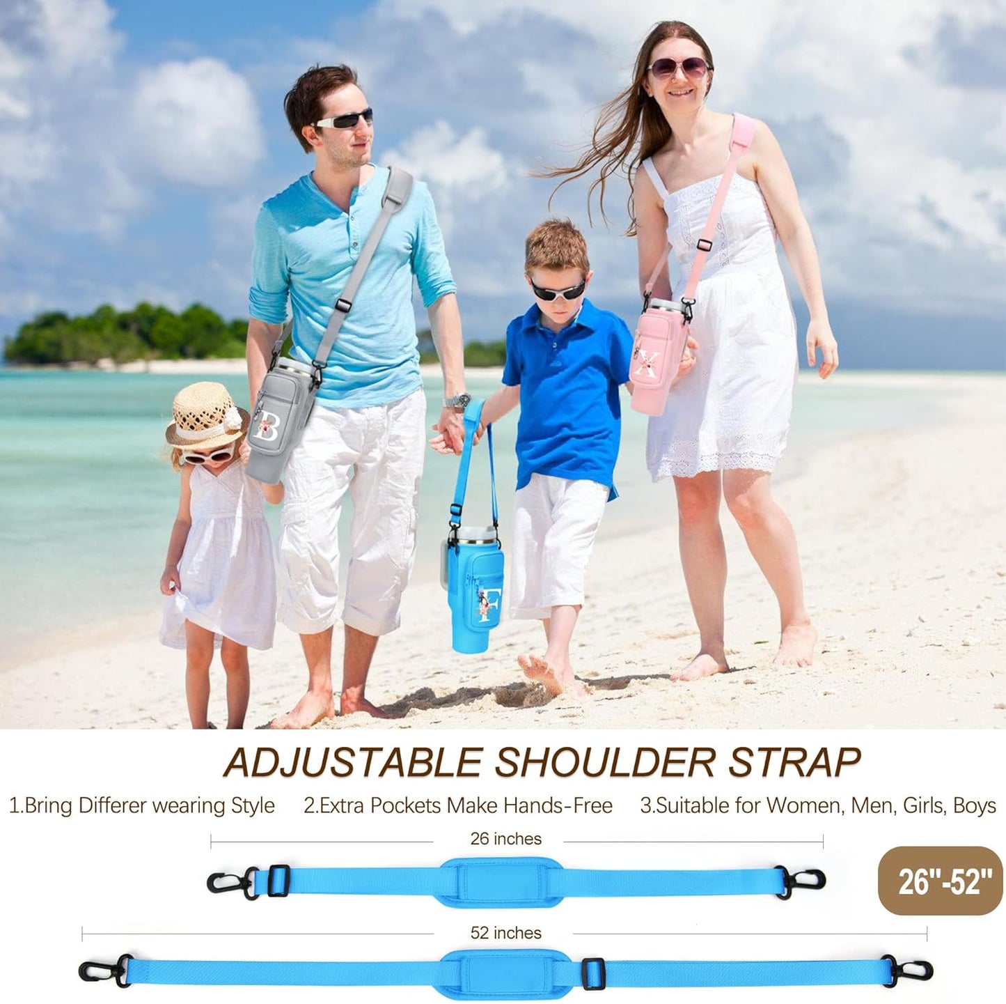 Initial Water Bottle Holder with Strap for Stanley Cup Accessories 40 oz/Simple Modern Tumbler, Birthdays for Women Girls, Water Bottle Carrier Bag with Phone Pocket,Hiking Walking Gym Camping