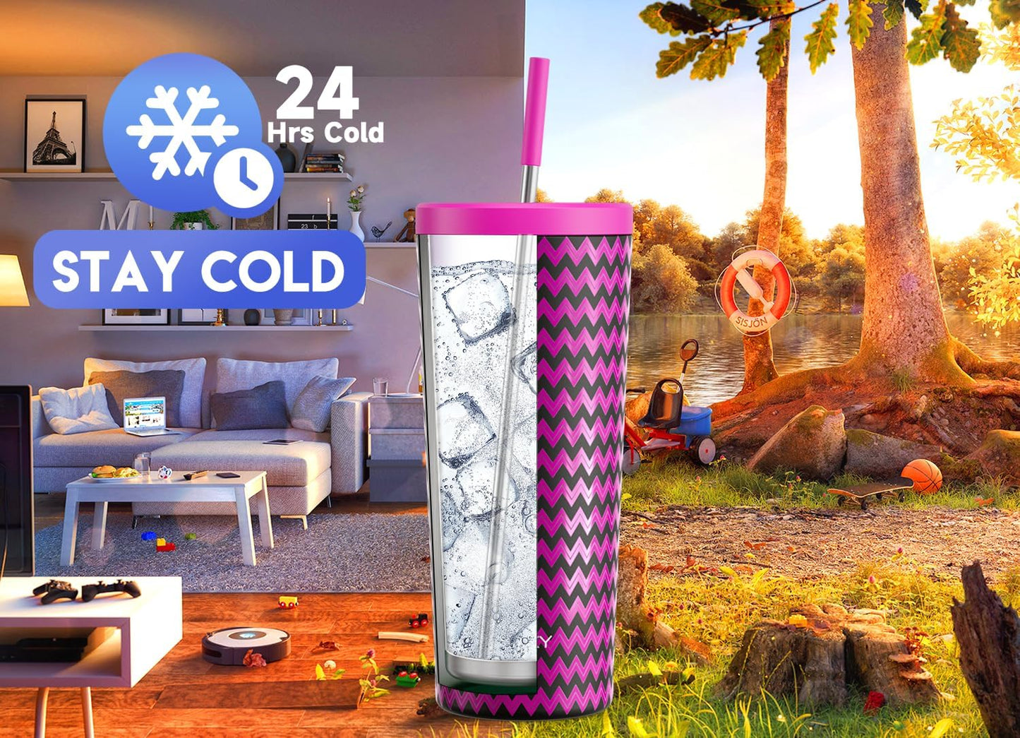 Meoky 24 oz Insulated Tumbler with Lid and Straw, Stainless Steel Vacuum Insulated Tumbler, Keeps Cold for 24 Hours, 100% Leak Proof, Fits in Car Cup Holder (Night)