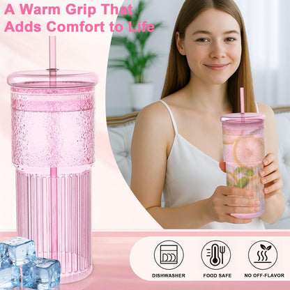 Luiaiog 20 oz Glass Cups with Lids and Straws – Single Reusable Tumbler, Thickened Shatter-Resistant Glass, Ideal for Iced Coffee, Smoothies, Cocktails, Juices – Elegant & Durable Drinkware