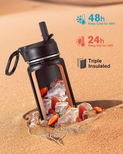 Half Gallon Water Bottle Insulated with Straw & 3 Lids, Coolflask 64 oz Water Jug Large Metal Stainless Steel Wide Mouth for Sports, Gym or Office, Non-BPA Keep Cold 48H Hot 24H, Samurai Cyan