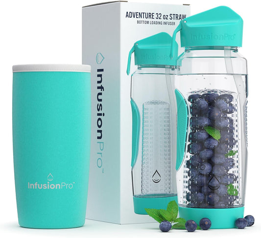 Infusion Pro 32 oz Fruit Infuser Water Bottle with Insulated Sleeve & 50 Recipe Fruit Infusion Water eBook : Bottom Loading, Large Water Infuser for More Flavor : Unique Gift Idea for Women