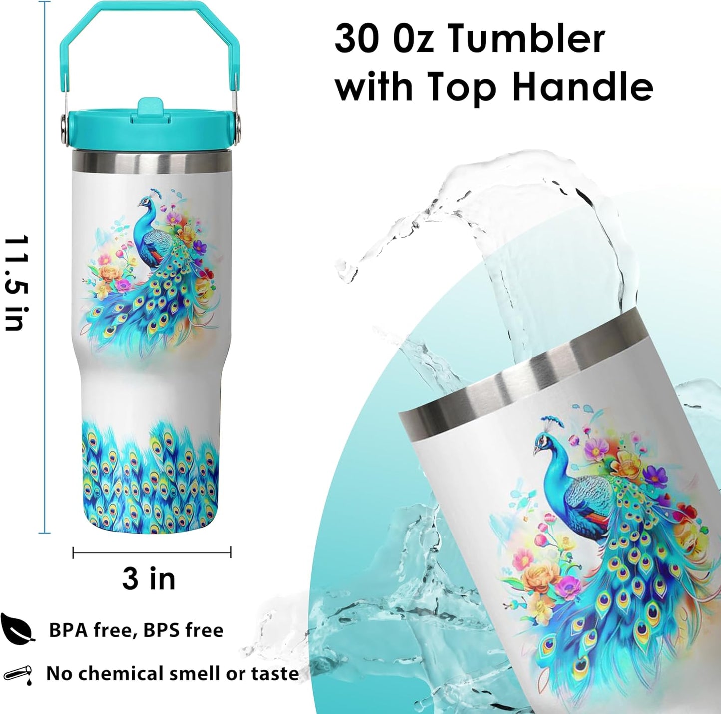 30 oz Peacock Blue Flip Straw Tumbler with Top Handle for Peacock Blue Lover Resuable Vacuum Insulated Flip Top Water bottle for Home Office Car