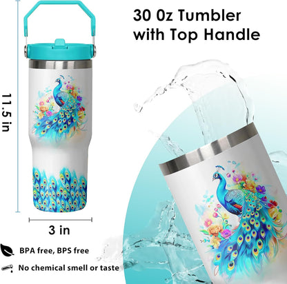 30 oz Peacock Blue Flip Straw Tumbler with Top Handle for Peacock Blue Lover Resuable Vacuum Insulated Flip Top Water bottle for Home Office Car
