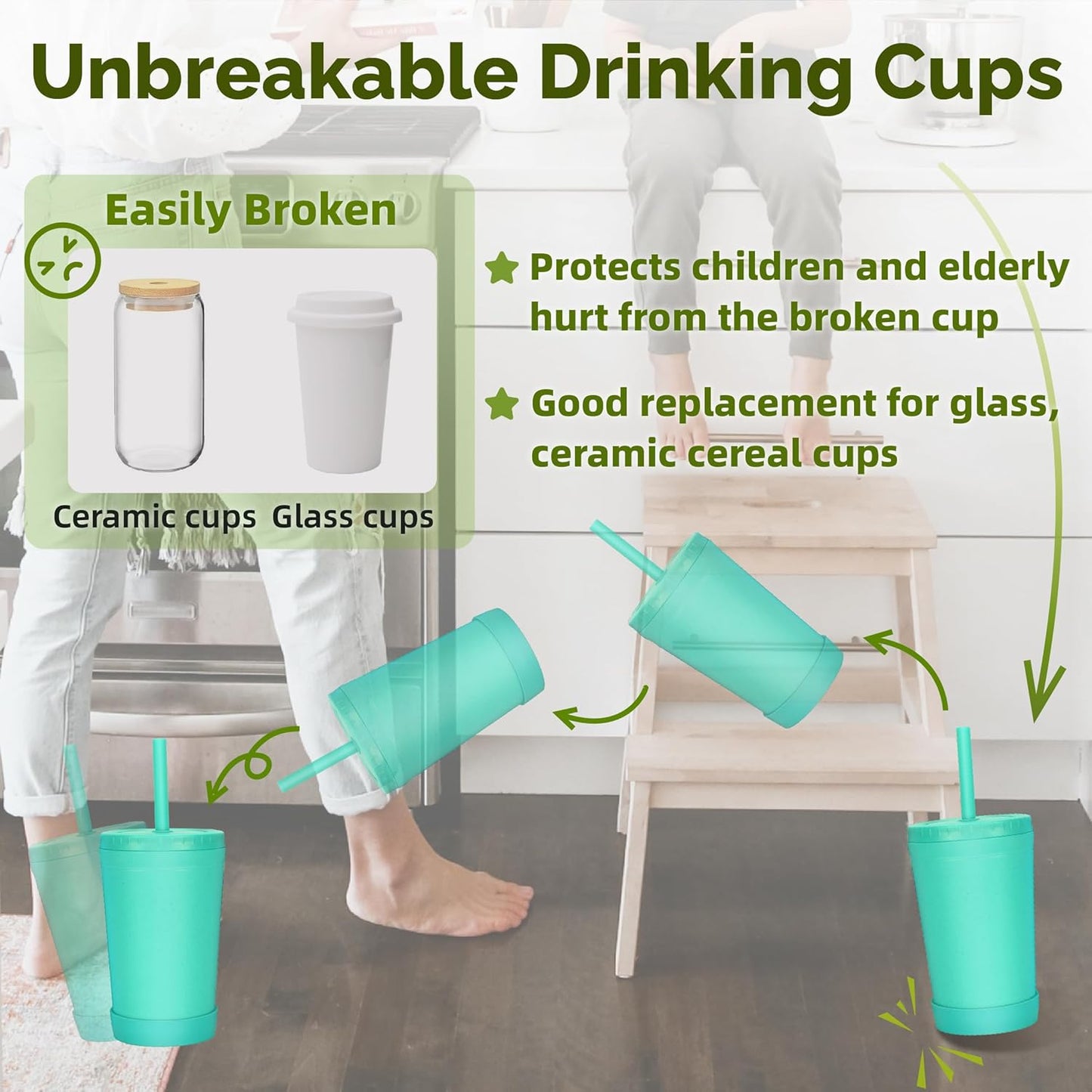 Homestockplus Reusable Wheat Straw Cups with Lids and Silicone Straws, 10 Oz Chip Resistant E-Co Friendly Small Water Cups for Milk, Drinks, Smoothies - 4 Colors
