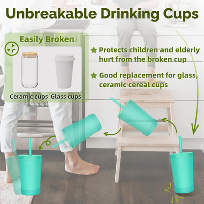 Homestockplus Reusable Wheat Straw Cups with Lids and Silicone Straws, 10 Oz Chip Resistant E-Co Friendly Small Water Cups for Milk, Drinks, Smoothies - 4 Colors
