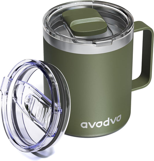 12oz Insulated Coffee Mug with Lid – Includes Two Lids, Stainless Steel Coffee Travel Mug with Handle, Double Wall Vacuum Insulated Camping Mug for Home, Office & Outdoor, Navy Blue