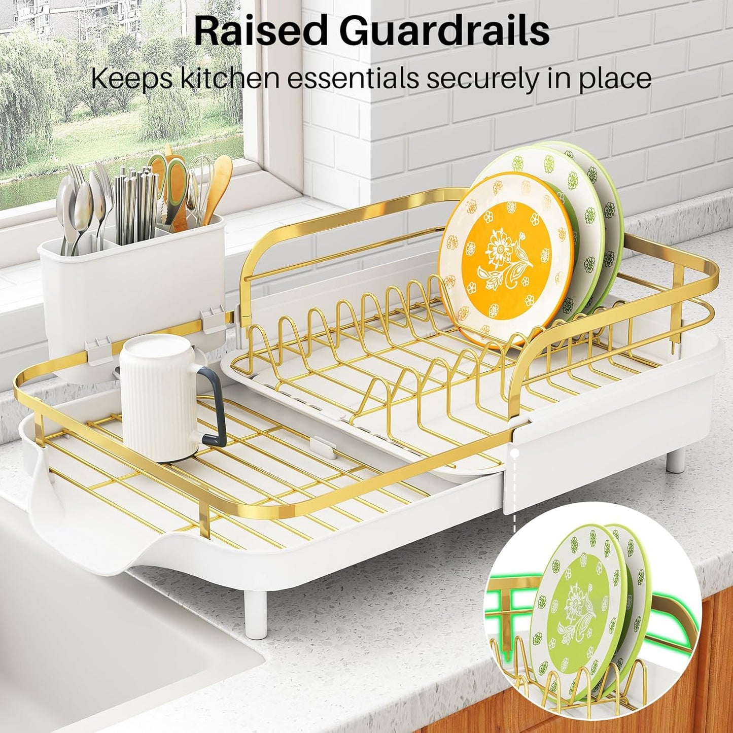 SAYZH Dish Drying Rack - Expandable Dish Rack for Kitchen Counter, Rust-Resistant Dish Drainer with Utensil Holder and Raised Guardrail, Kitchen Organizer for Cup and Bottle (Black)