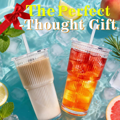 Clear Iced Coffee Cups with Lids - 4 Pack, 20oz Reusable Glass Cups with Lids and Straws, Drinking Tumblers for Cocktail Beer, Juice, Smoothie, Coffee Bar, Housewarming Gifts - Dishwasher Safe