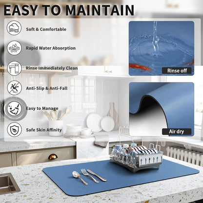 HotLive Dish Drying Mat for Kitchen Counter, Heat Resistant Drainer Mats with Non-slip Rubber Backed, Hide Stain Kitchen Super Absorbent Draining Mat, Easy to Clean Dish Rack Pad, Dark Grey 16"x18"