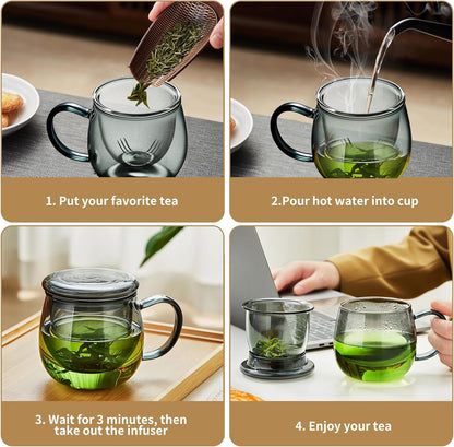 DOPUDO Glass Tea Cup with Infuser and Lid, 17.6oz/520ml Large Borosilicate Teacup,Tea Glass, Clear Mug for Loose Leaf Tea, Blooming Tea, Microwave & Dishwasher Safe - Tea Maker Gift for Birthday.