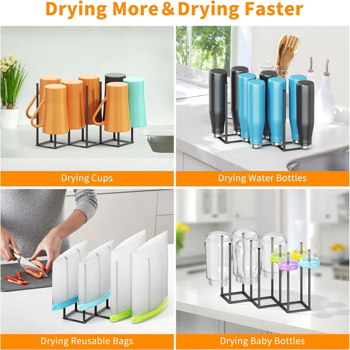 Foldable Baby Bottle Drying Rack-10 Poles Water Bottle Organizer for Cups,Travel Mugs,Silicone Bags- Collapsible Stainless Steel Bottle Rack Dryer (Gray)