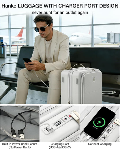 Hanke 20 Inch Expandable Carry On Luggage with Cup Holder 22x14x9 Airline Approved, Top Opening Hard Shell Suitcases with Wheels, Carry-On Travel Suitcase Trunk Luggage with Lock, Smoke White