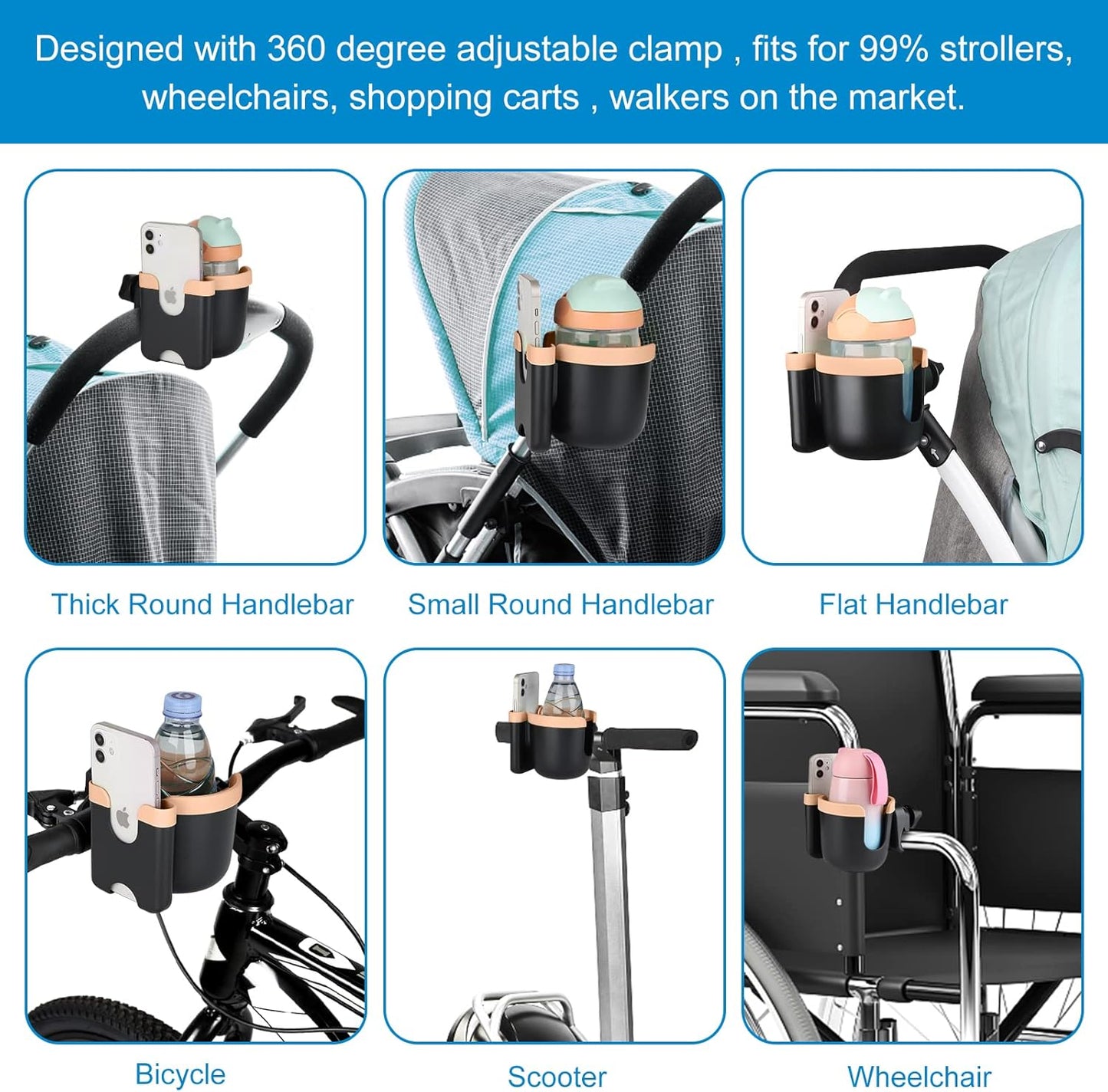 Accmor Stroller Cup Holder with Phone Holder, Bike Cup Holder, Universal Cup Holder for Uppababy Nuna Doona Strollers, 2-in-1 Cup Holder for Walker, Wheelchair, Scooter - Colors B
