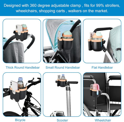 Accmor Stroller Cup Holder with Phone Holder, Bike Cup Holder, Universal Cup Holder for Uppababy Nuna Doona Strollers, 2-in-1 Cup Holder for Walker, Wheelchair, Scooter - Colors B