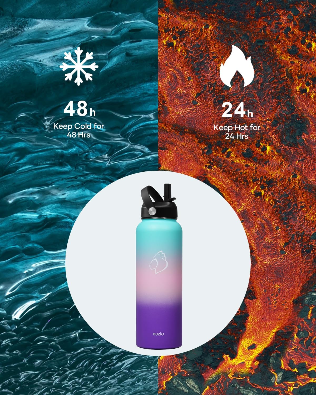BUZIO 40oz Insulated Water Bottle, Triple Wall Vacuum Stainless Steel Water Flask with 2 lids, Lead-Free BPA-Free Straw Lid Sports Canteen Jug, Cold 48H & Hot 24H- Black - Colors B