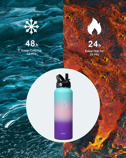 BUZIO 40oz Insulated Water Bottle, Triple Wall Vacuum Stainless Steel Water Flask with 2 lids, Lead-Free BPA-Free Straw Lid Sports Canteen Jug, Cold 48H & Hot 24H- Black - Colors B