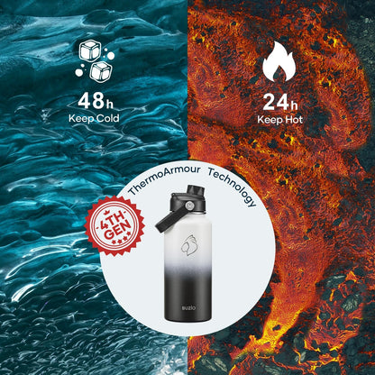 BUZIO 40oz Insulated Water Bottle, Triple Wall Vacuum Stainless Steel Water Flask with 2 lids, Lead-Free BPA-Free Straw Lid Sports Canteen Jug, Cold 48H & Hot 24H- Black - Colors A