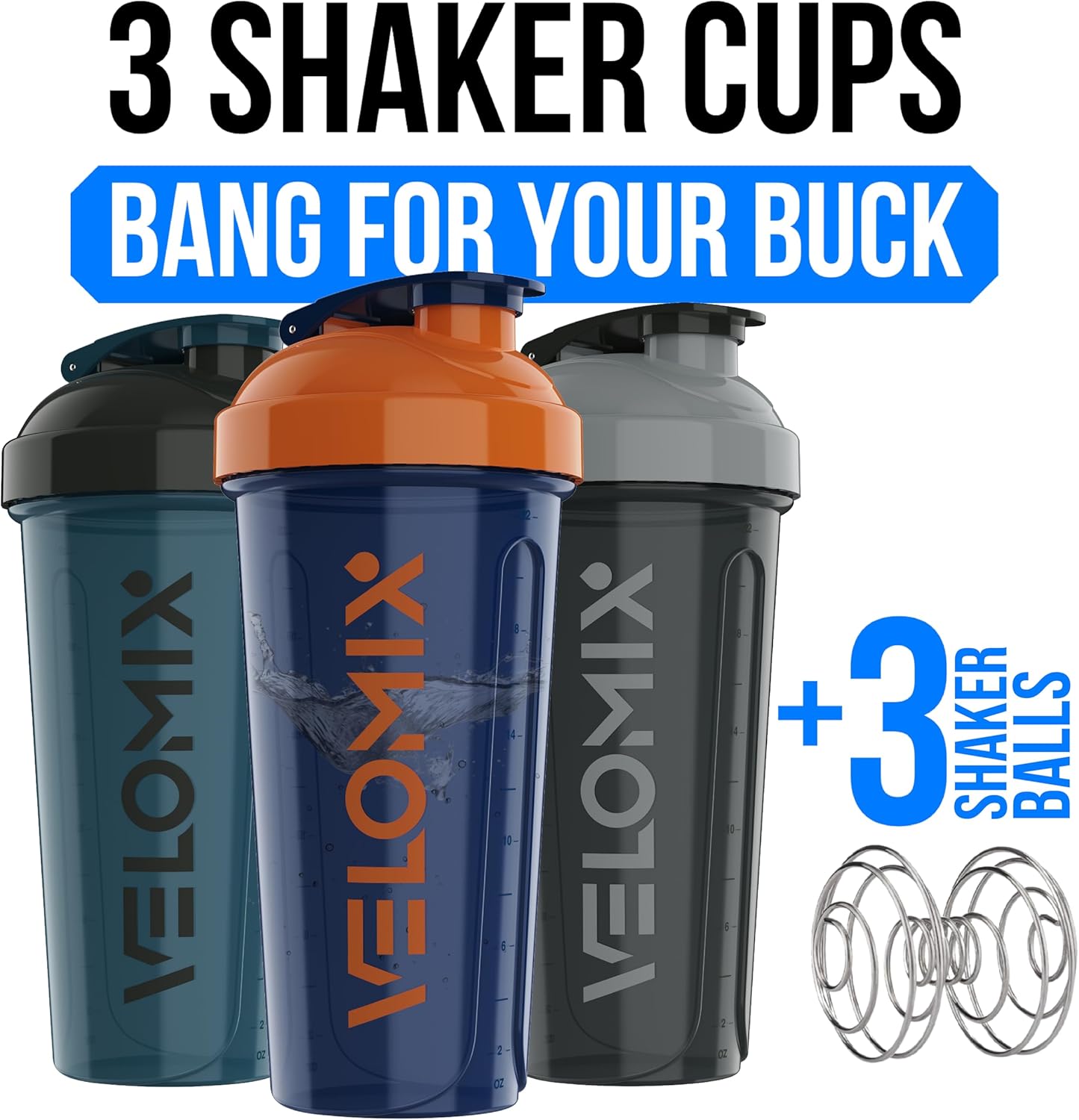 VELOMIX -3 PACK- 28 oz Protein Shaker Bottle for Protein Mixes - 3x Wire Whisk | Leak Proof Shaker Cups for Protein Shakes | Stackable Protein Shaker Bottle Pack | Dishwasher Safe (ColorBurst Set)