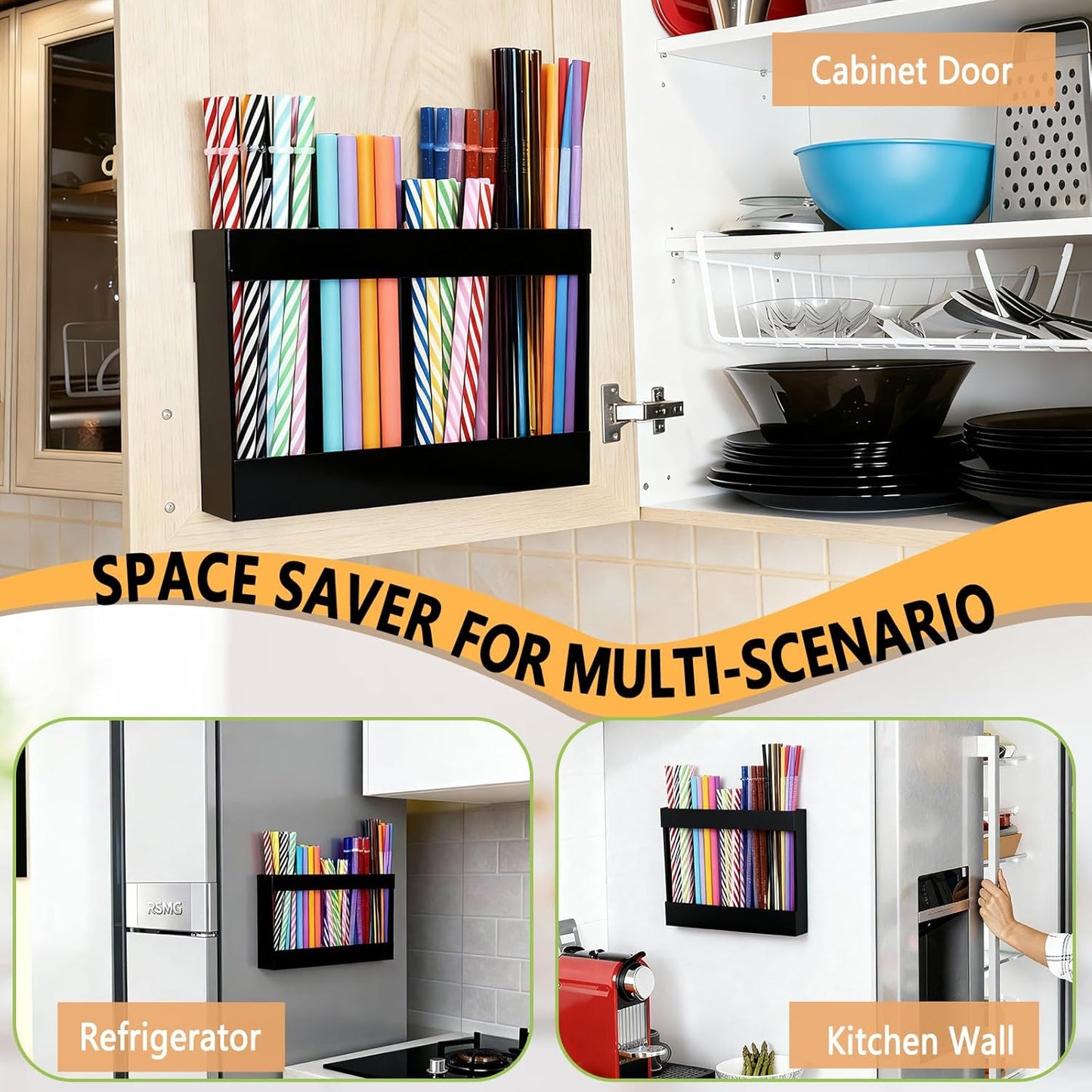 New Upgrade 9.5" Large Acrylic Straw Holder for Cabinet Door-Reusable Tumbler Straw Organizer Storage,Small Kitchen Organizers and Storage Accessories Container,Ultra Sticky Cupboard Door Mounted
