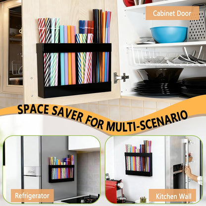 New Upgrade 9.5" Large Acrylic Straw Holder for Cabinet Door-Reusable Tumbler Straw Organizer Storage,Small Kitchen Organizers and Storage Accessories Container,Ultra Sticky Cupboard Door Mounted