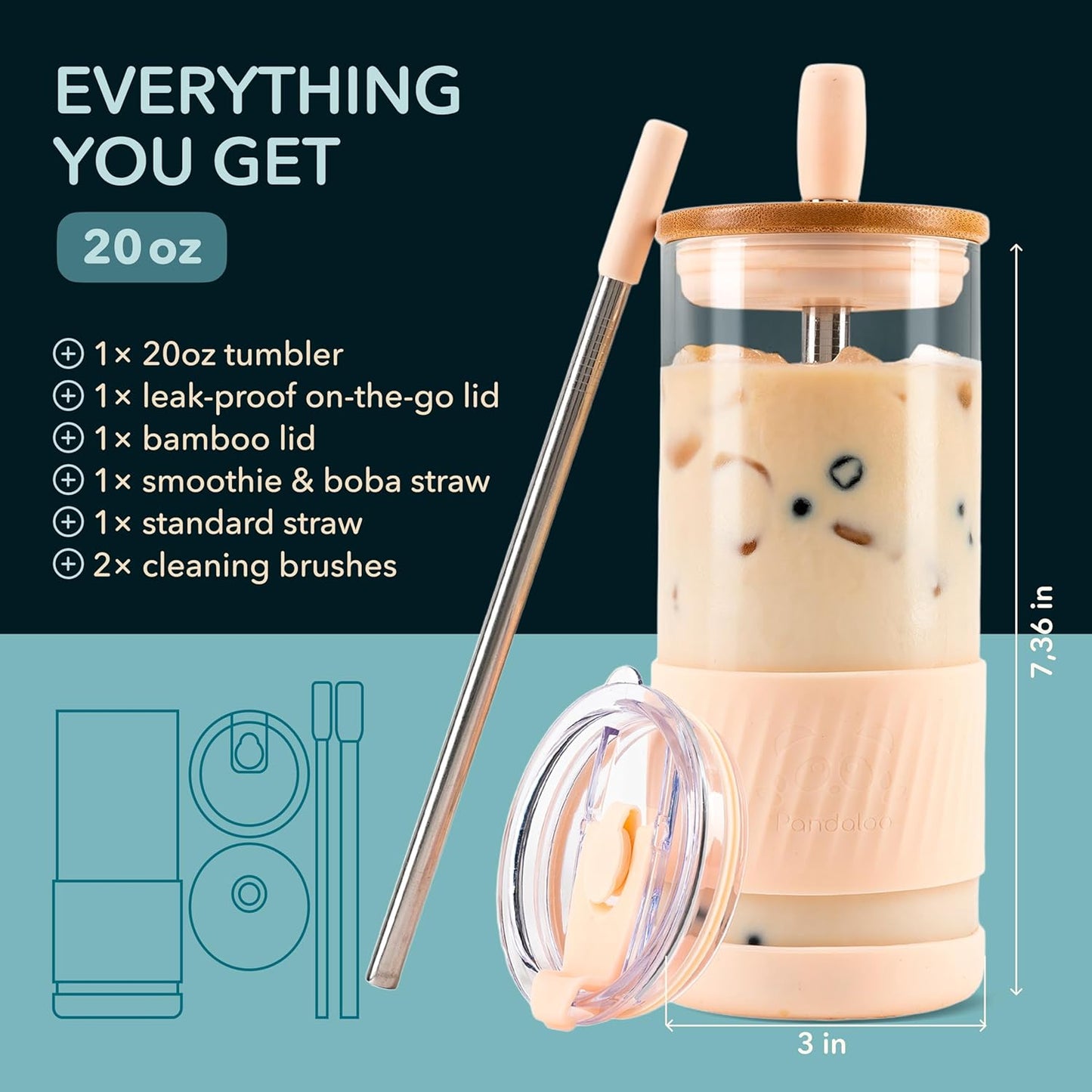 Pandaloo® Glass Cups With Lids and Straws -20 Fl Oz- Perfect Size Iced Coffee Cup - Smoothie Cup With Bamboo Lid and On the go Lid - Glass Tumbler With Straw (1 Count (Pack of 1), Lilac Rhapsody)