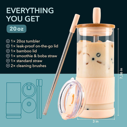 Pandaloo® Glass Cups With Lids and Straws -20 Fl Oz- Perfect Size Iced Coffee Cup - Smoothie Cup With Bamboo Lid and On the go Lid - Glass Tumbler With Straw (1 Count (Pack of 1), Lilac Rhapsody)
