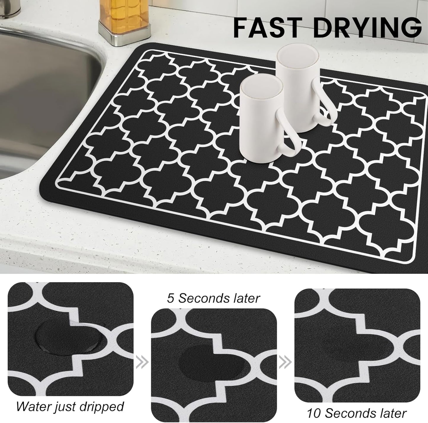 WISELIFE Dish Drying Mat Super Absorbent Drying Mat Large Dish Drying Mats for Kitchen Counter Easy Clean Dish Mat Kitchen Drying Mat15"x 18" Stylish Grey
