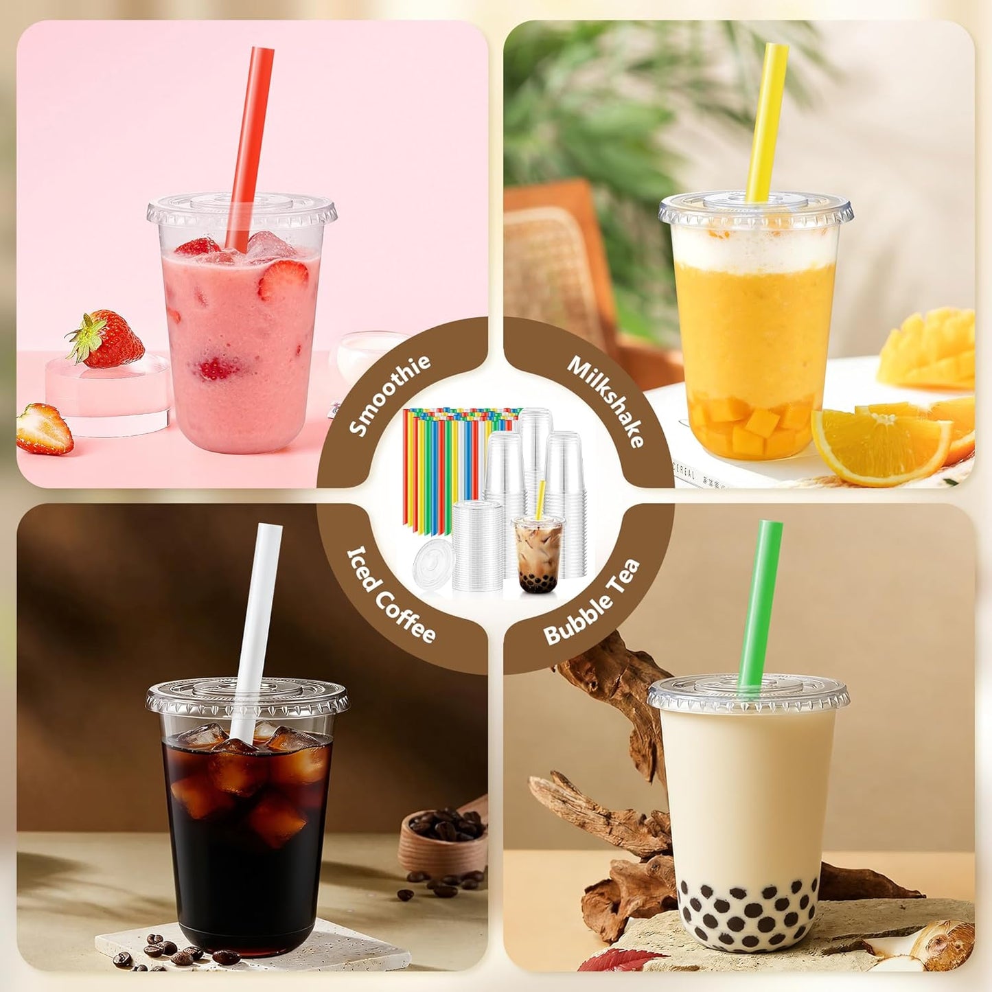 KesaPlan 50 Pack 16oz Clear Plastic Cups with Lids & Colorful Wide Straws, Disposable Smoothie Cup, Round Bottom To Go Drinking Cup for Bubble Tea, Iced Coffee, Milkshakes, Party Picnic Supply