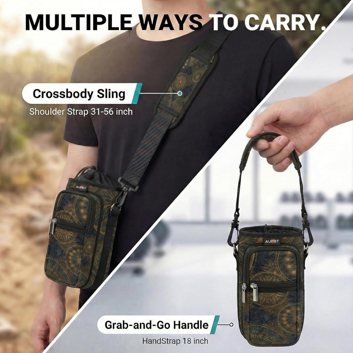 AUPET Water Bottle Sling Bag Sleeve Holder Carrier 25/32/40/64 oz,Insulated Crossbody Water Bottle Case Cover with Strap and Pockets for Men/Women Walking Hiking