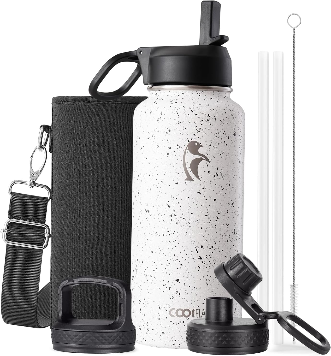Half Gallon Water Bottle Insulated with Straw & 3 Lids, Coolflask 64 oz Water Jug Large Metal Stainless Steel Wide Mouth for Sports, Gym or Office, Non-BPA Keep Cold 48H Hot 24H, Samurai Cyan