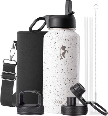 Half Gallon Water Bottle Insulated with Straw & 3 Lids, Coolflask 64 oz Water Jug Large Metal Stainless Steel Wide Mouth for Sports, Gym or Office, Non-BPA Keep Cold 48H Hot 24H, Samurai Cyan