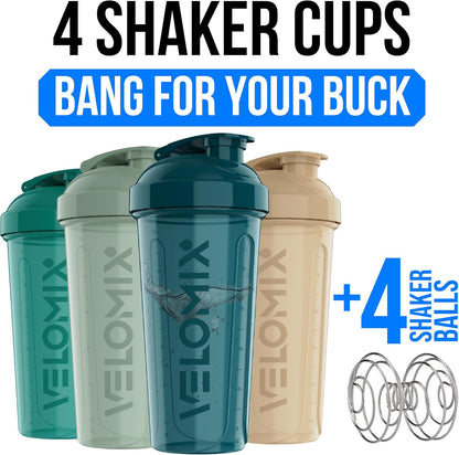 VELOMIX -4 PACK 28 Oz Protein Shaker Bottle for Protein Mixes - 4x Wire Whisk | Leak Proof Shaker Cups for Protein Shakes | Large, Stackable Protein Shaker Bottles Pack | Dishwasher Safe (Aqua Depths)