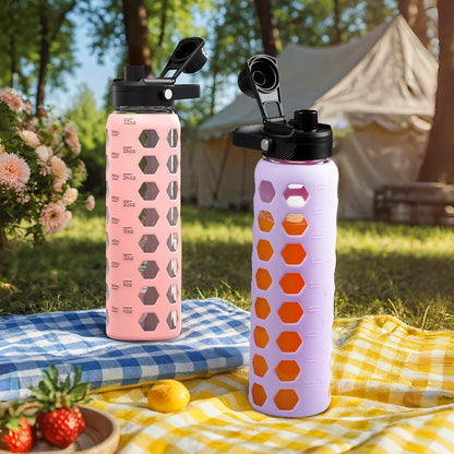 MUKOKO Glass Water Bottles, 32oz Glass Tumbler with Straw, Drinking Bottles with 2 Lids-Handle Spout Lid&Bamboo Straw Lid, Motivational Water Bottle with Time Marker and Silicone Sleeve, 1 Pack-Olive