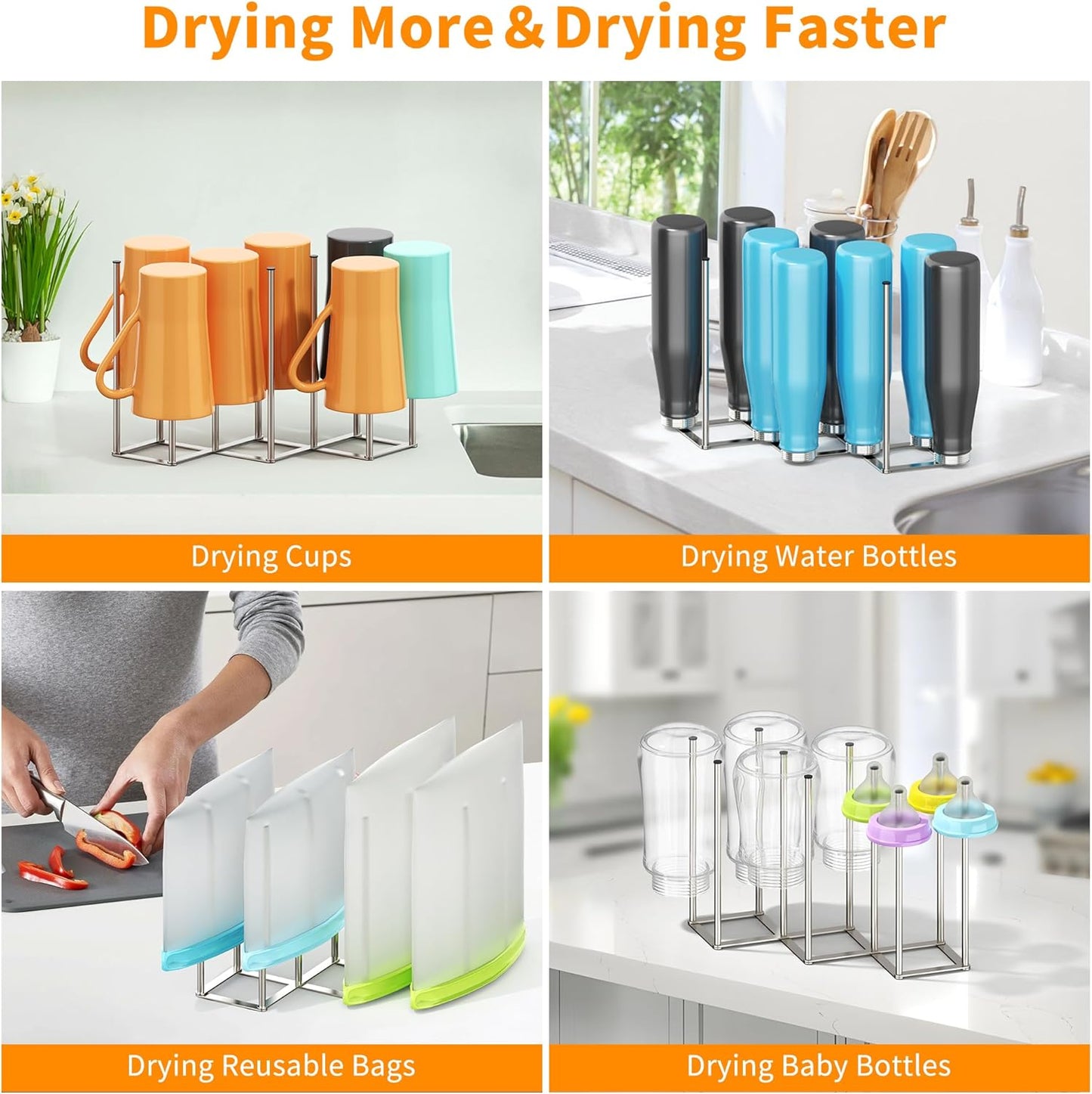Foldable Baby Bottle Drying Rack-10 Poles Water Bottle Organizer for Cups,Travel Mugs,Silicone Bags- Collapsible Stainless Steel Bottle Rack Dryer (Gray)