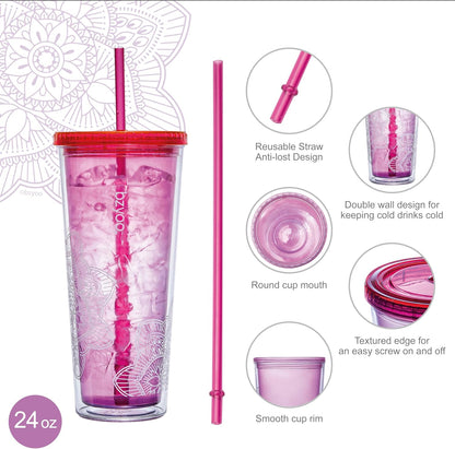 bzyoo SIP 24oz (710ml) Double Wall Plastic Tumbler with Lid and Straw Cold Drink Travel Mug Reusable Party Cup Perfect for Office Ice Coffee or Tea and Gift Color: Pink & Purple