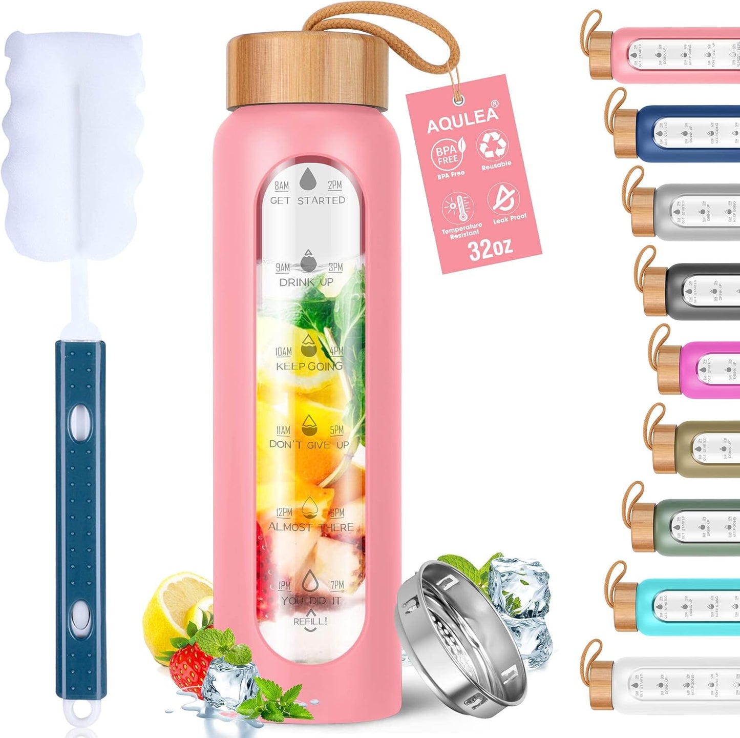 Aqulea Glass Water Bottles 25 Oz with Silicone Sleeve - BPA Free Reusable Wide Mouth Glass Motivational Water Bottles with Fruit Infuser – Leak Proof Borosilicate Water Bottle with Time Marker (White)