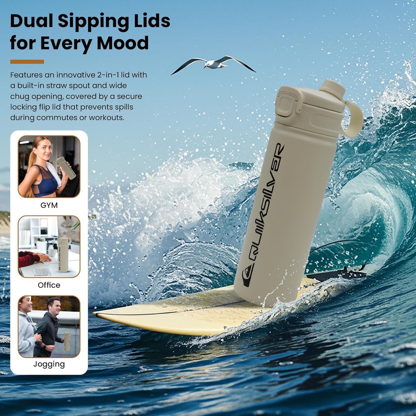 Quiksilver Laguna 32oz Tripple Wall Stainless Steel Water Bottle, Reusuable Sports Bottle with Leak-Proof Straw and Spout Lid, Non-Slip Rubber Base, Carrier Handle, 24H Hot & Cold Insulated Tumbler