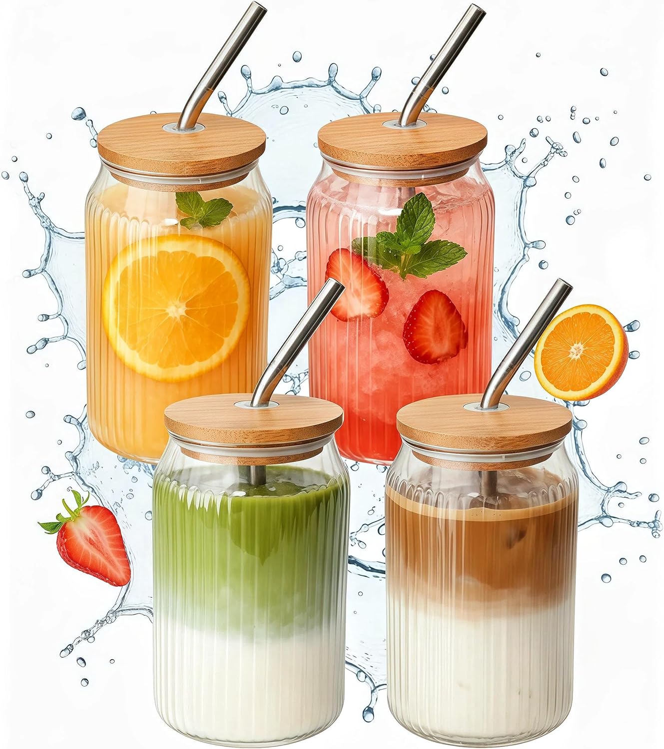 4 Packs Ribbed Glass Tumbler with Lid and Straw 16 oz Cute Ice Coffee Cup Set for Smoothie Juice Matcha Tea Latte Cappuccino Espresso Hot Coffe Water Reusable Clear Travel Boba Aesthetic Drinking Mug