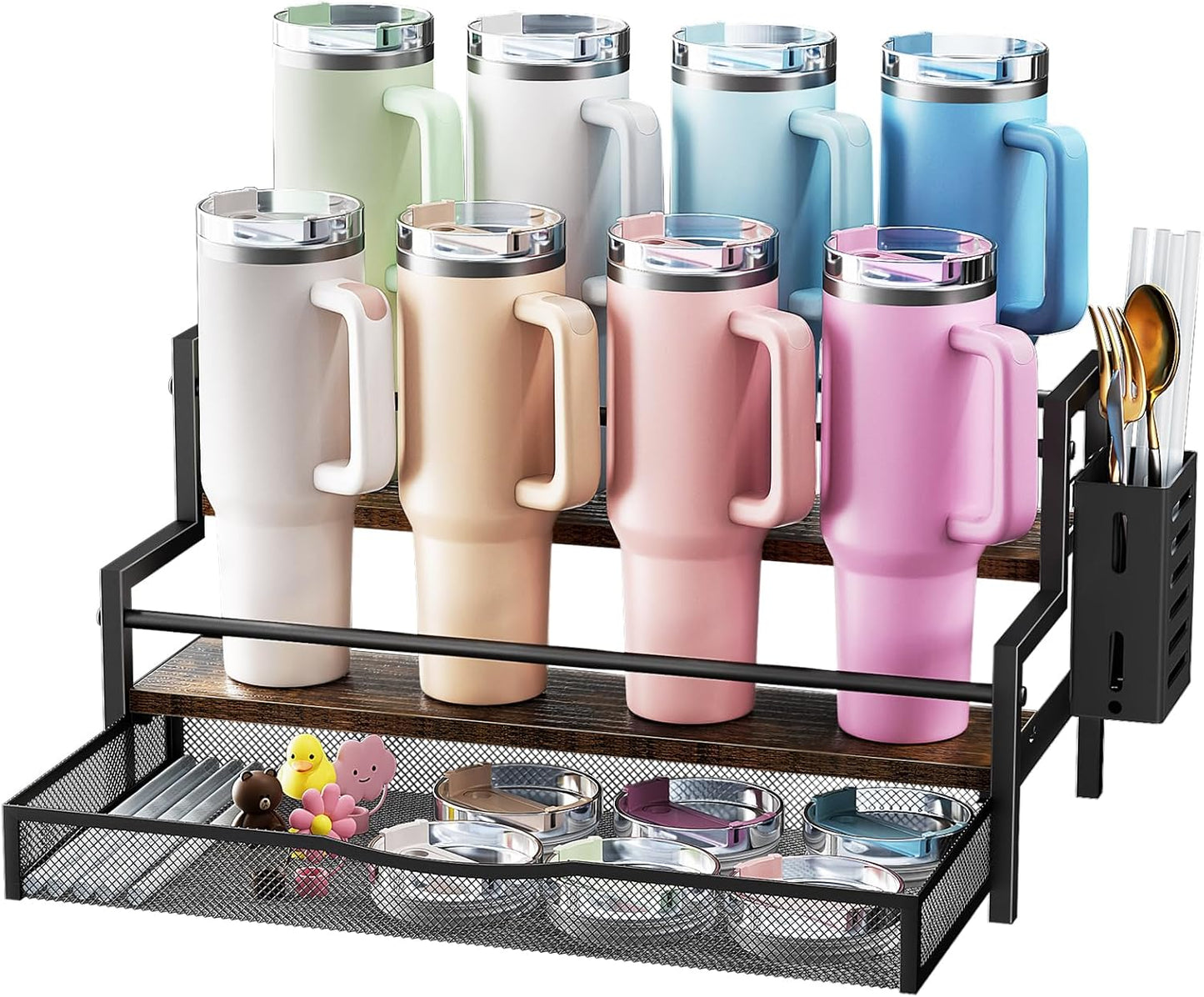 Water Bottle Organizer for Full Stanley 40 oz Tumbler with Handle, 2 Tier Tumbler Organizer for 8 Cups, Kitchen Pantry Organizers and Storage for Owala Stanley Cup Accessories, Brown