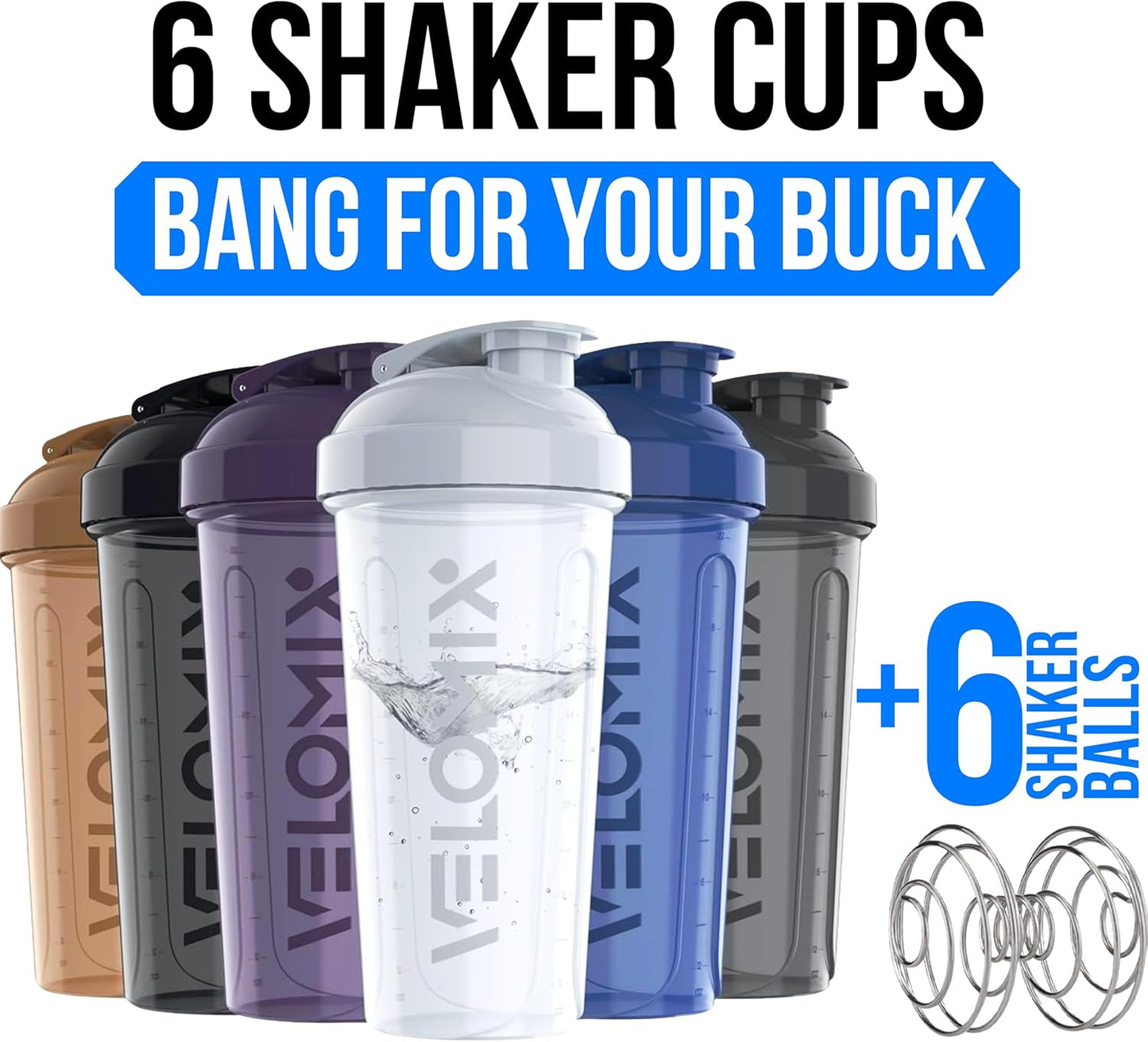 VELOMIX -6 PACK- 28 oz Protein Shaker Bottle for Protein Mixes - 6x Wire Whisk | Leak Proof Shaker Cups for Protein Shakes | Protein Shaker Bottle Pack | Protein Shake Cup (Earth Tones Collection)
