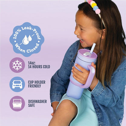 Ello Oasis 18oz Kids Tumbler with Handle & Retracting Straw, 100% Leakproof Reusable Insulated Stainless Steel Cup, Gifts for Teens Girls Boys, Keeps cold for 18 Hours, Cup Holder Friendly, Glacier