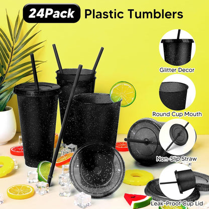 24 Pack Plastic Tumblers with Lids and Straw, Reusable Cups with Lids and Straws Colorful Cups for Cold Drink Iced Coffee, Plastic Tumbler Bulk for Party Birthday Gifts (24 oz, Stylish Colors)