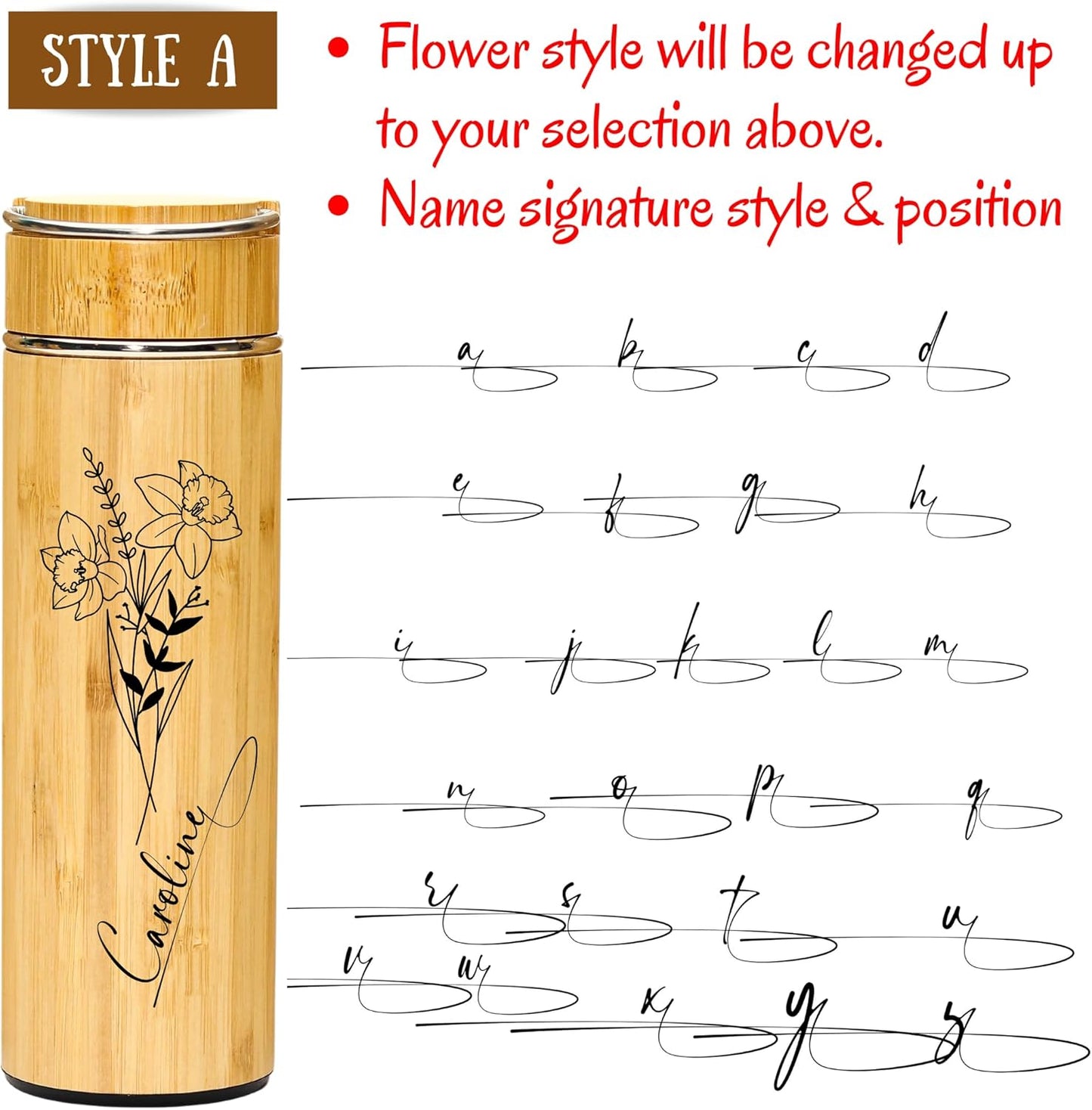 Bamboo Water Bottle Insulated Tea Tumbler for Men Birthday Gift, Women Travel Tea Set with Diffuser for Loose Tea Leaves, Stainless Steel Leak Proof Gift for Mom (15 oz)
