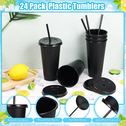 24 Pack Plastic Tumblers with Lids and Straw, Reusable Cups with Lids and Straws Colorful Cups for Cold Drink Iced Coffee, Plastic Tumbler Bulk for Party Birthday Gifts (24 oz, Stylish Colors)